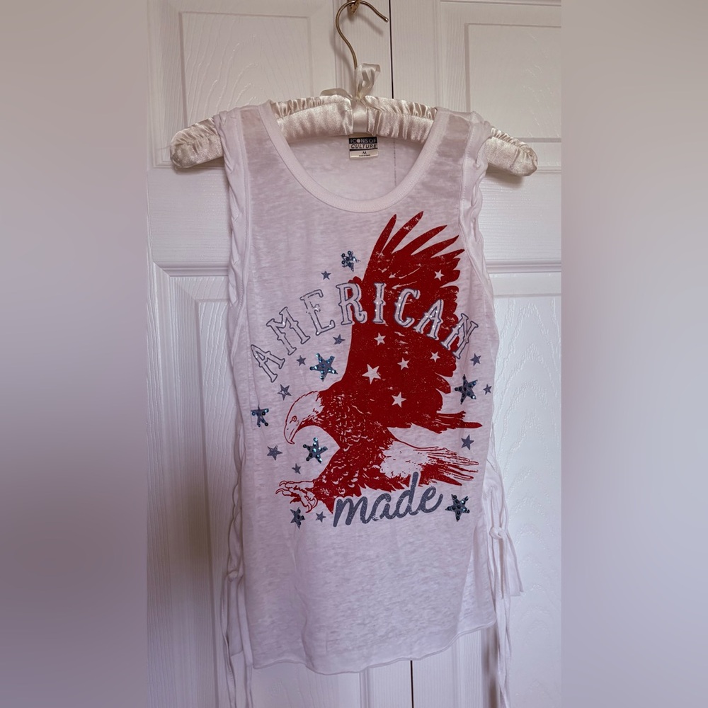 Side Tie Tank Top with Red and Blue  Eagle Design